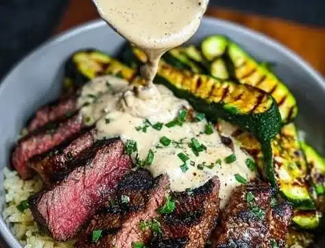 Grilled Steak Bowl with creamy sauce and grilled zucchini on a plate