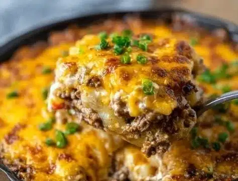 A delicious Hobo Casserole served in a baking dish with colorful vegetables and meat.