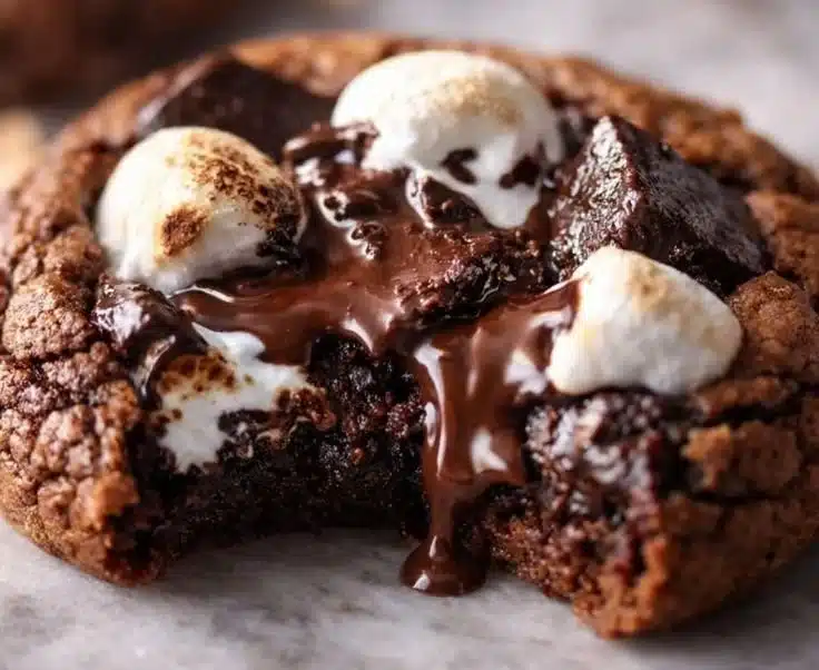 Delicious soft hot chocolate cookies topped with marshmallows on a festive plate.
