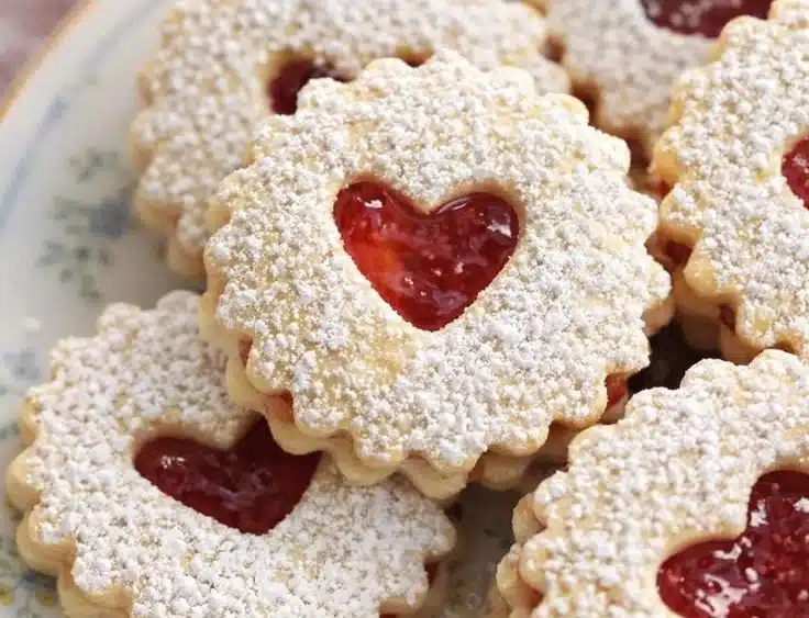 Linzer Cookies 9 Delicious Linzer Cookies filled with jam and dusted with powdered sugar.