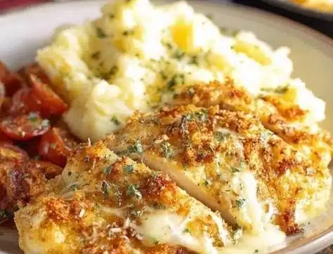 Delicious Longhorn Steakhouse Parmesan Chicken served with sides
