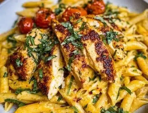 A serving of Marry Me Chicken Pasta with creamy sauce and fresh herbs.