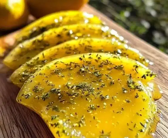 Meyer Lemon Honey Thyme Vinaigrette in a glass jar with fresh thyme and lemons