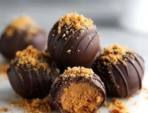 Delicious no-bake Biscoff truffles decorated with chocolate drizzle