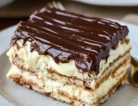 No-Bake Eclair Cake with layers of cream and chocolate glaze