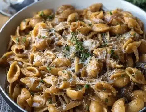 One-Pan French Onion Soup Pasta with melted cheese and caramelized onions