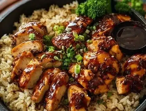 One-Pan Honey BBQ Chicken Rice dish with vibrant vegetables and tender chicken.
