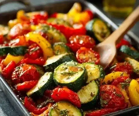 One Pan Veggie Bake 23 A colorful one pan veggie bake with mixed vegetables ready to serve.