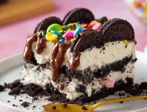 A delicious slice of Oreo Dirt Cake with chocolate and cookies