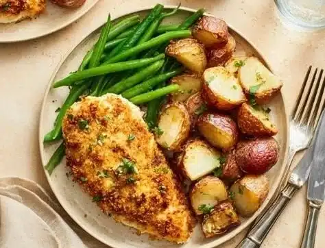 Parmesan Crusted Chicken Sheet Pan Dinner with vegetables on side