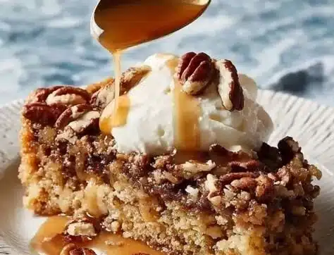 Delicious pecan pie dump cake served on a plate with a fork.