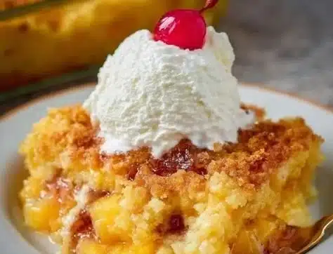 Delicious homemade Pineapple Dump Cake topped with whipped cream
