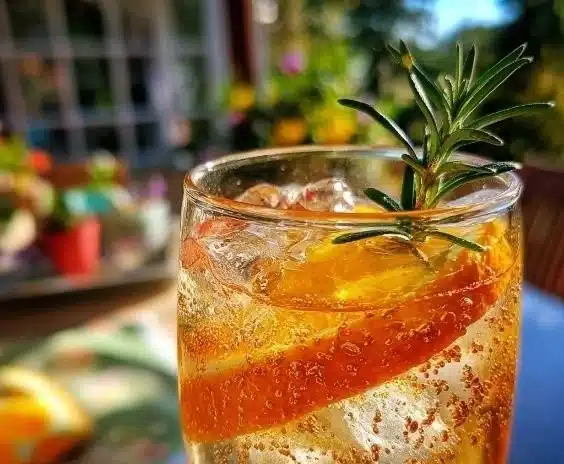 Rosemary Clementine Holiday Spritz garnished with fresh rosemary and clementine slices.