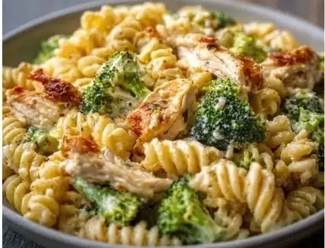 Rotisserie chicken broccoli pasta served in a bowl with herbs and cheese.