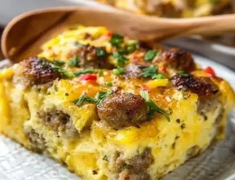 Sausage and Egg Casserole 29 Delicious sausage and egg casserole served in a baking dish