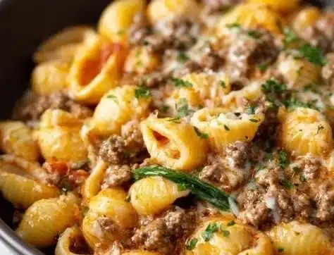Delicious creamy beef pasta served in a bowl with garnishes