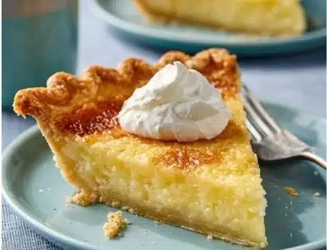Delicious Southern buttermilk pie served on a rustic wooden table