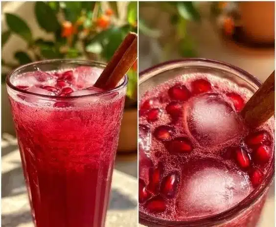 Spiced pomegranate cinnamon cooler garnished with fresh pomegranate seeds and cinnamon stick.