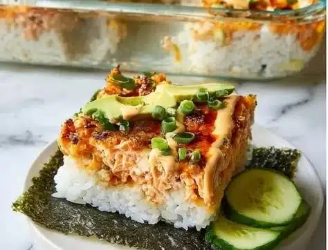 Delicious spicy salmon sushi bake served in a dish, topped with fresh ingredients.