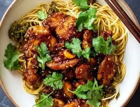 Delicious sticky chicken noodles served in a bowl with fresh vegetables.