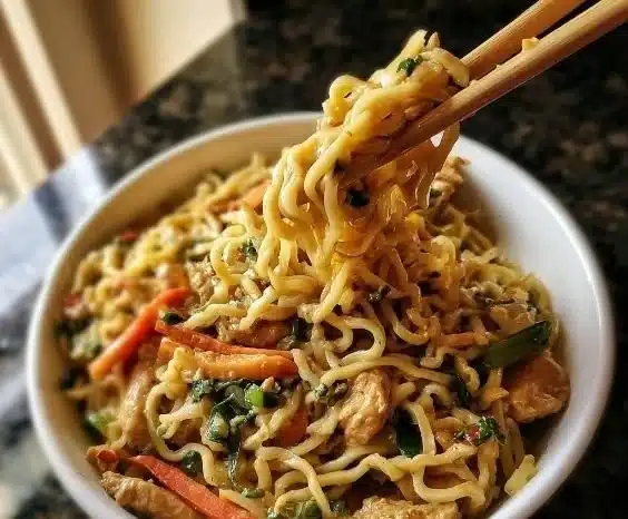 Thai Peanut Chicken Noodles Bowl with chicken, peanut sauce, and vegetables.