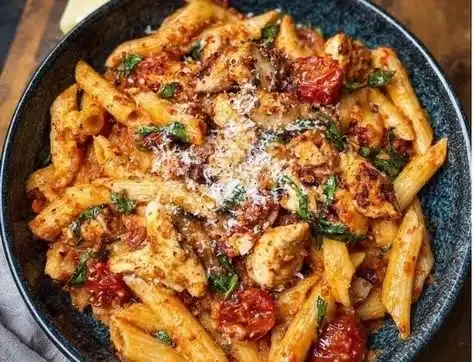 Delicious plate of Tomato Chicken Pasta garnished with fresh herbs.