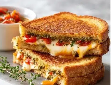 Tomato Pesto Grilled Cheese 18 Mouthwatering Tomato Pesto Grilled Cheese sandwich on a plate.