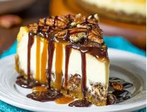 Turtle Cheesecake 8 Delicious turtle cheesecake topped with caramel, chocolate, and pecans