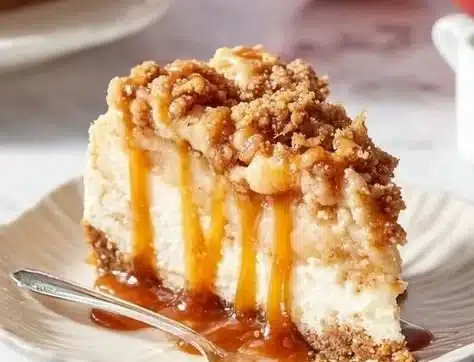 Slice of Ultimate Apple Crisp Cheesecake topped with apple crumble