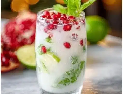 Festive White Christmas Mojito cocktail garnished with mint and cranberries