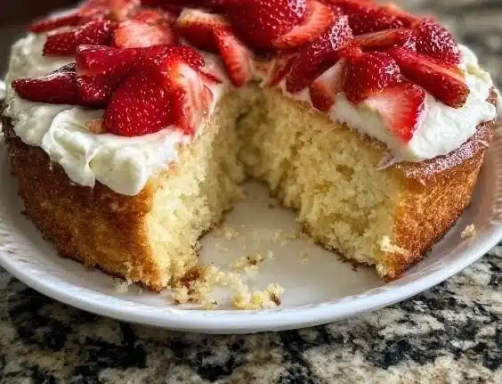 Yogurt Vanilla Cake with Fresh Strawberries 12 Yogurt vanilla cake adorned with fresh strawberries, showcasing its creamy texture.