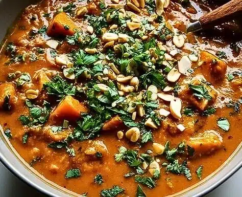 Bowl of African peanut soup garnished with cilantro and peanuts