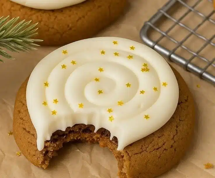 Plate of delicious homemade Crumbl Gingerbread Cookies topped with icing.