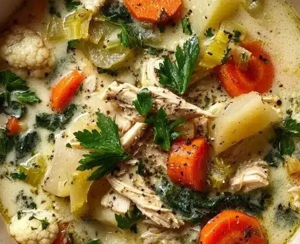 Bowl of creamy chicken soup with fresh herbs and spices for anti-inflammatory benefits