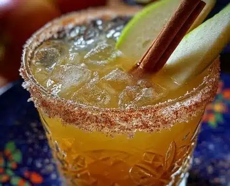Delicious Apple Cider Margarita garnished with cinnamon and apple slices.