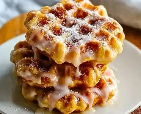 Delicious apple fritter waffle donuts topped with glaze and fresh apples.