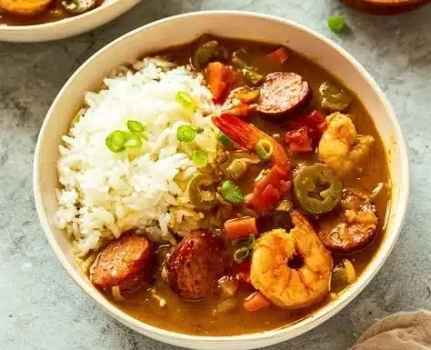 Authentic Cajun Gumbo 8 Bowl of authentic Cajun gumbo with vegetables and spices