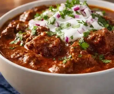 Bowl of award-winning Texas chili garnished with fresh herbs and spices