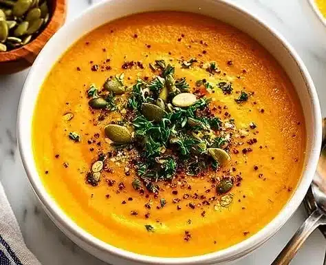 A bowl of creamy butternut squash soup garnished with herbs