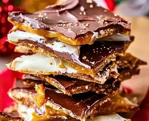 Best Easy Christmas Crack 8 Delicious easy Christmas Crack with chocolate and nuts on a festive plate.
