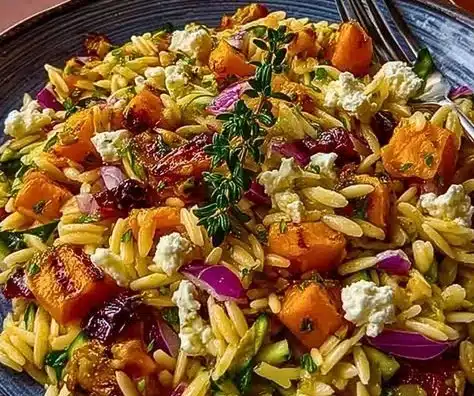 A vibrant bowl of Best Fall Harvest Orzo Salad with seasonal vegetables and herbs.