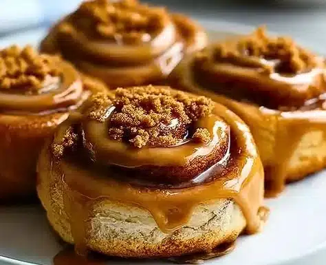 Biscoff cookie butter cinnamon rolls topped with icing on a plate.