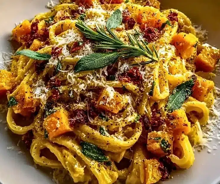 Brown Butter Sage Butternut Squash Pasta served in a bowl with herbs