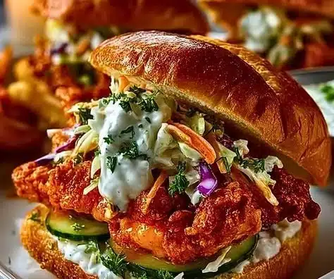 Delicious Buffalo Chicken Sandwich with lettuce and sauce on a wooden plate