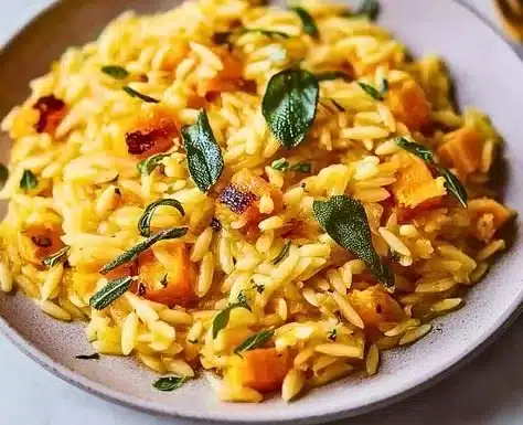Butternut Squash & Sage Orzo dish with fresh herbs and colorful vegetables