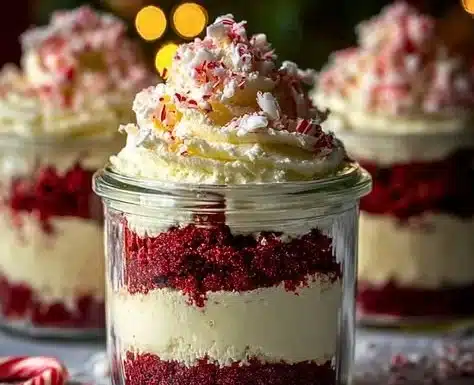 Candy Cane Cheesecake Parfaits 2 Delicious Candy Cane Cheesecake Parfaits layered with cream and peppermint