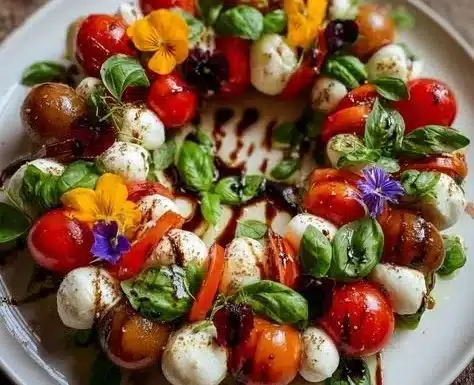 Festive Caprese Salad Wreath with mozzarella, tomatoes, and basil