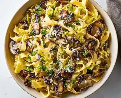Caramelized leek and mushroom pasta with Gruyere cheese