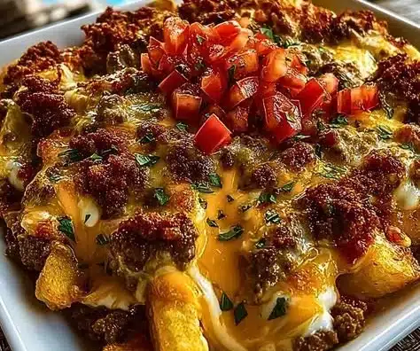 Delicious Cheeseburger French Fry Casserole with melted cheese and crispy fries