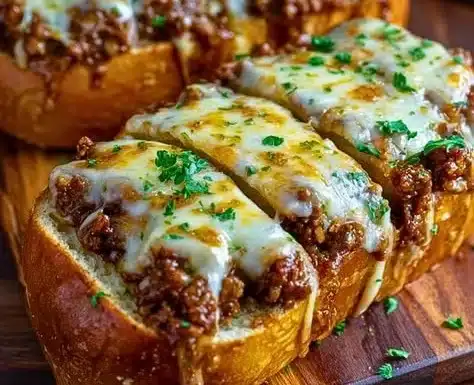 Cheesesteak stuffed garlic bread loaf with melted cheese and savory beef filling